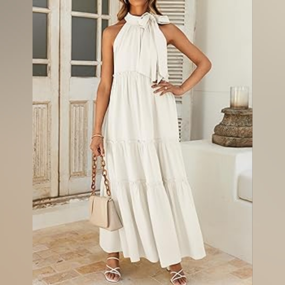 Boho Halter Maxi Dresses 2024 Casual Sleeveless Pleated Tiered Flowy Dress - Picture 3 of 7